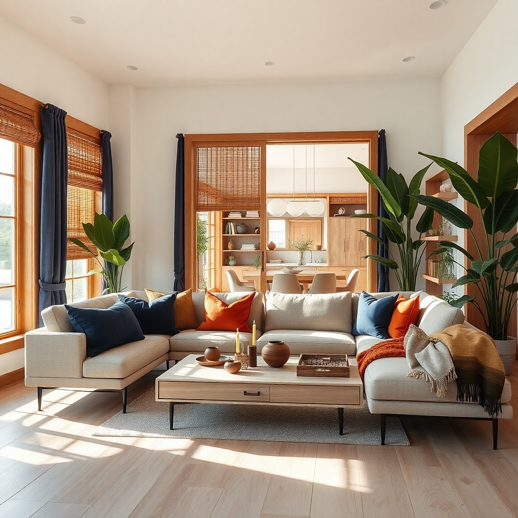 Short navy side panels framing natural woven shades in a living room