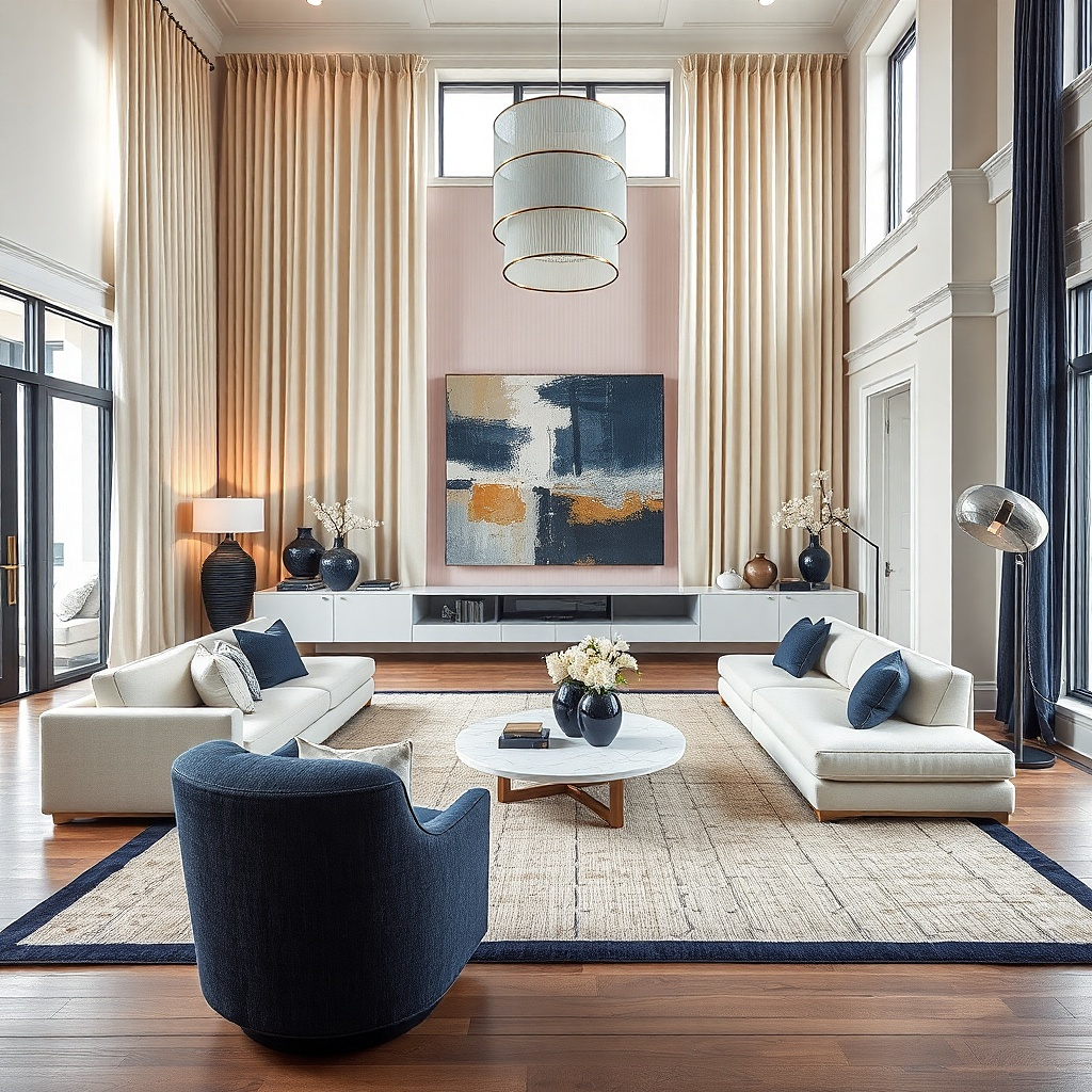 Cream curtains with wide navy lower panels in a sunny living room