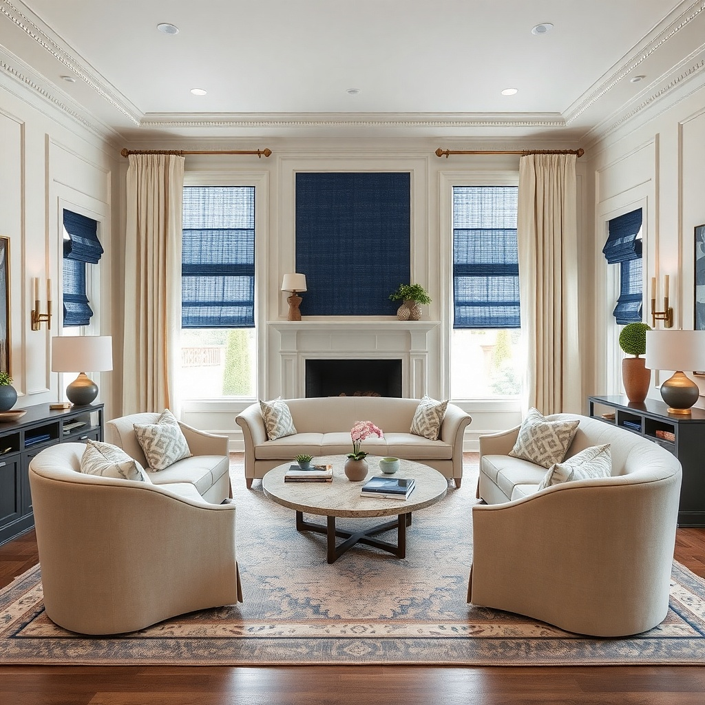 Navy Roman shades layered with full cream drapes in a living room