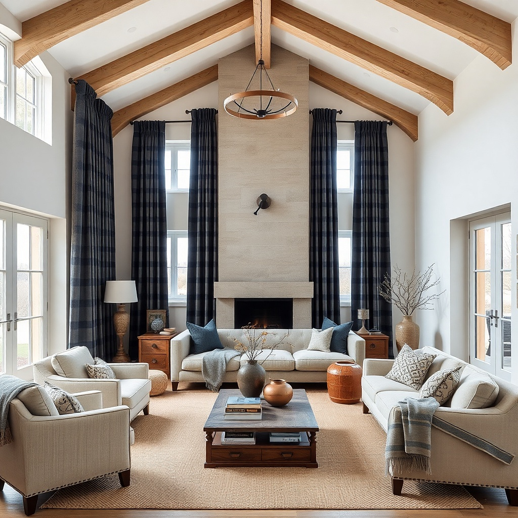 Navy plaid curtains in a living room with pale wood and stone accents
