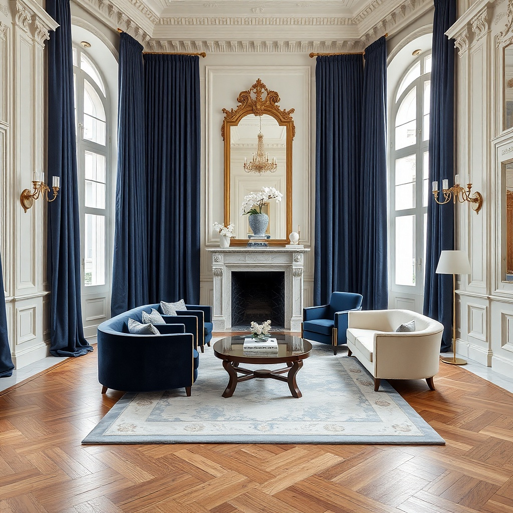 Navy drapes with brass rings beside a white marble window sill