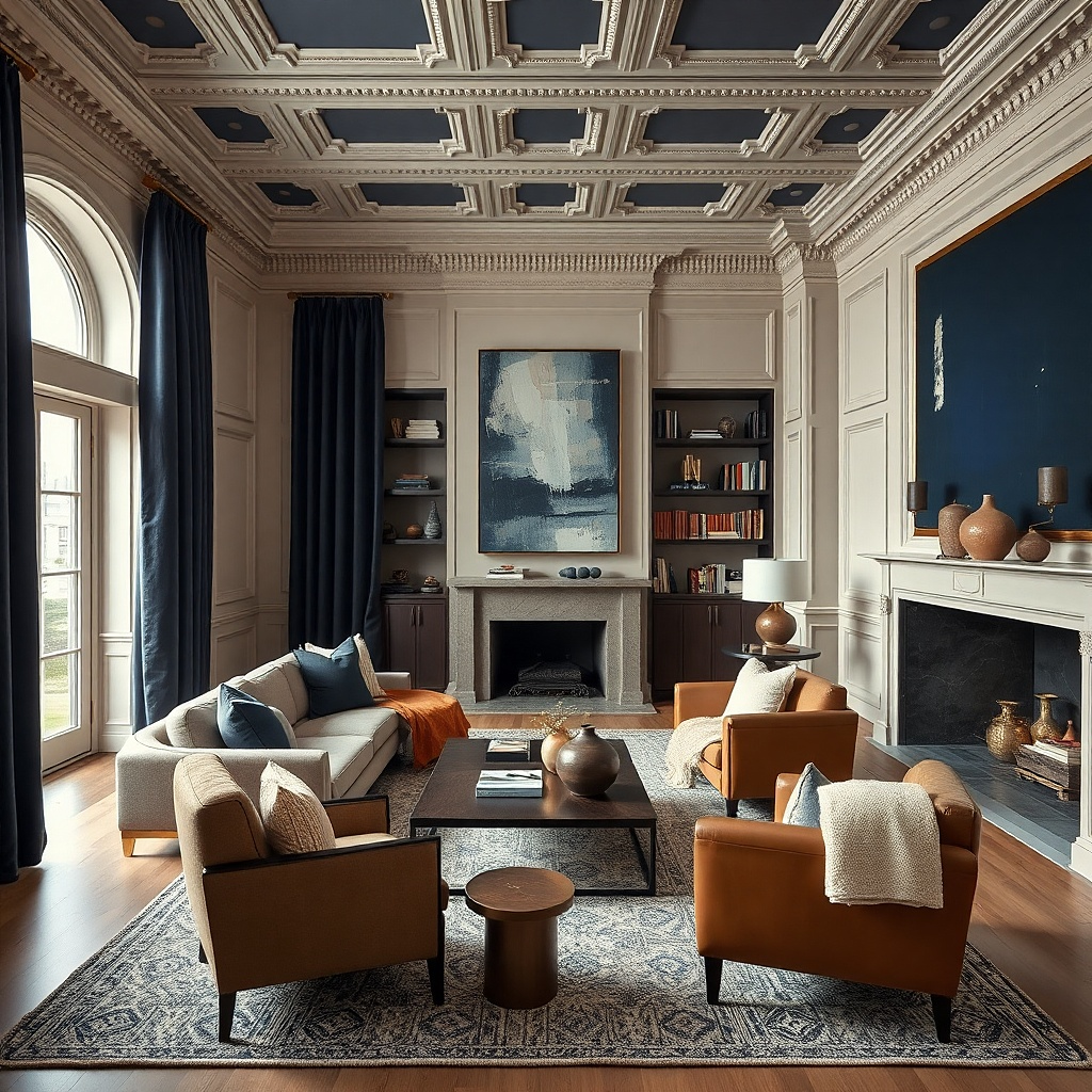 Inky navy curtains against pale greige paneled living room walls