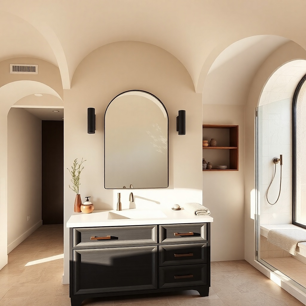 Matte black bathroom vanity with a warm white quartz countertop and a framed mirror