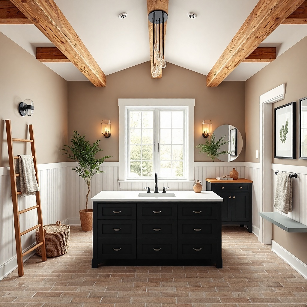 Black shaker vanity with open shelves in light oak beside a tall mirror