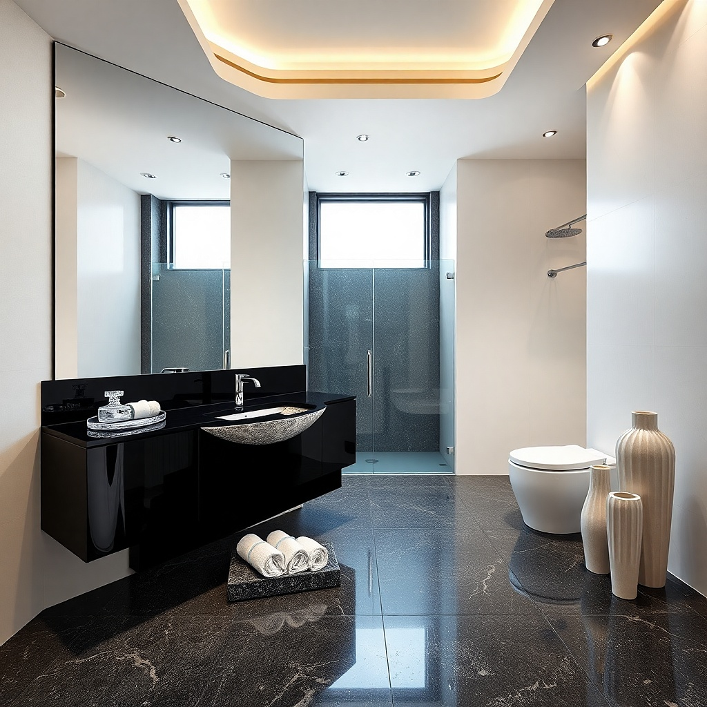 Glossy black vanity with a mirrored backsplash panel behind the sink