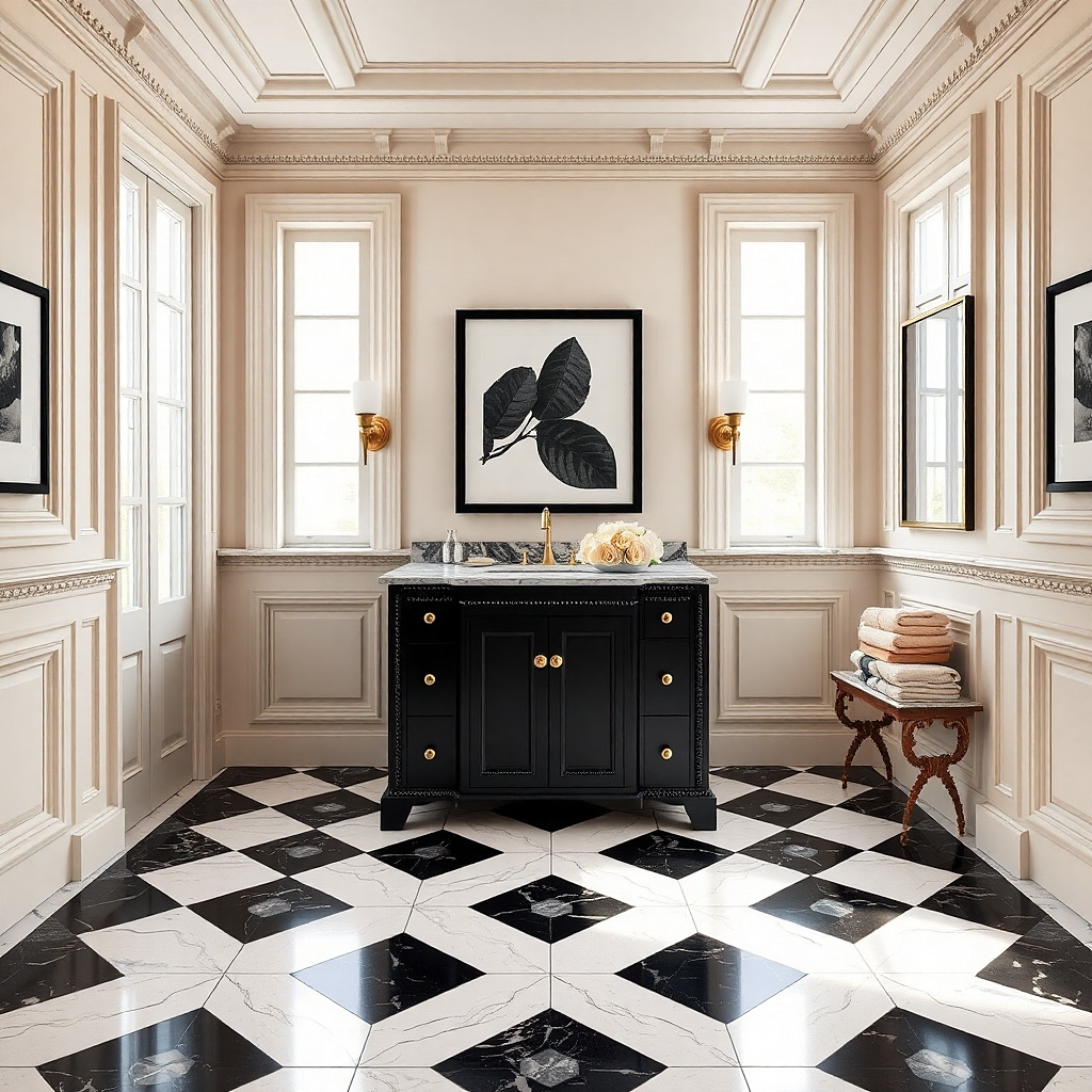 Black vanity with a marble-pattern countertop and brushed brass faucet