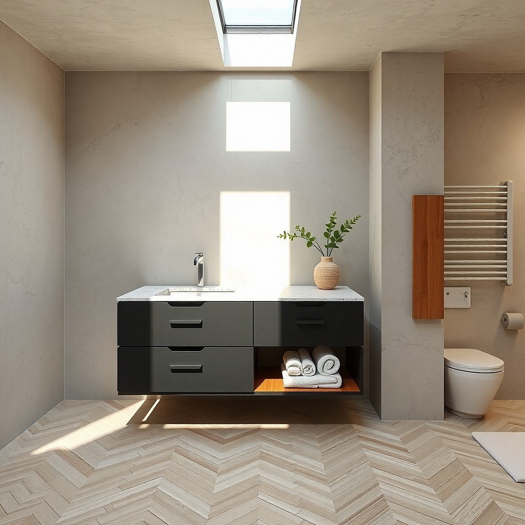 Floating black vanity with a terrazzo-style countertop and wall-mounted faucet
