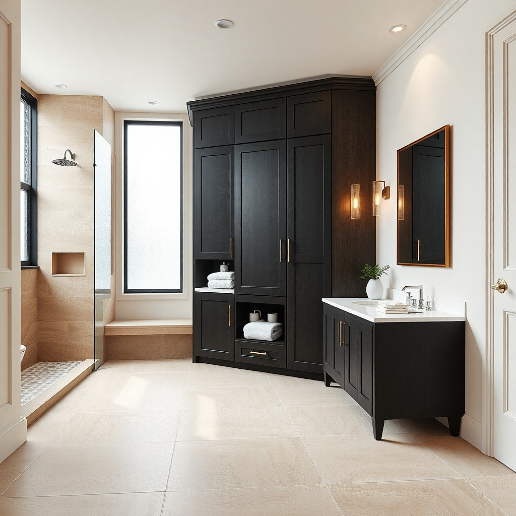 Tall black vanity cabinet with drawers and a wide framed mirror above