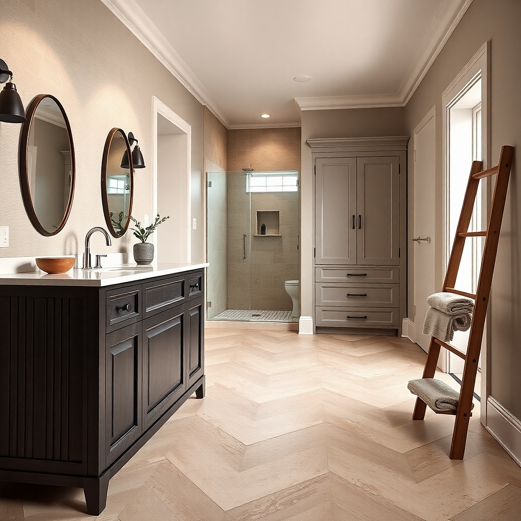 Black vanity with brushed nickel faucet and dark bronze vanity lights