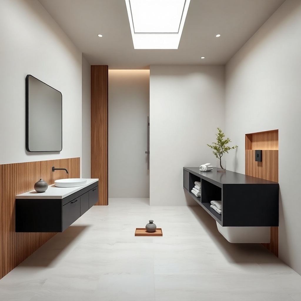 Black slab vanity with a thin-framed mirror above the sink