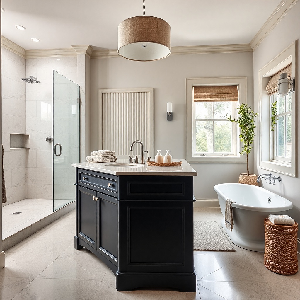 Black vanity with a light countertop edge and an under-mount sink