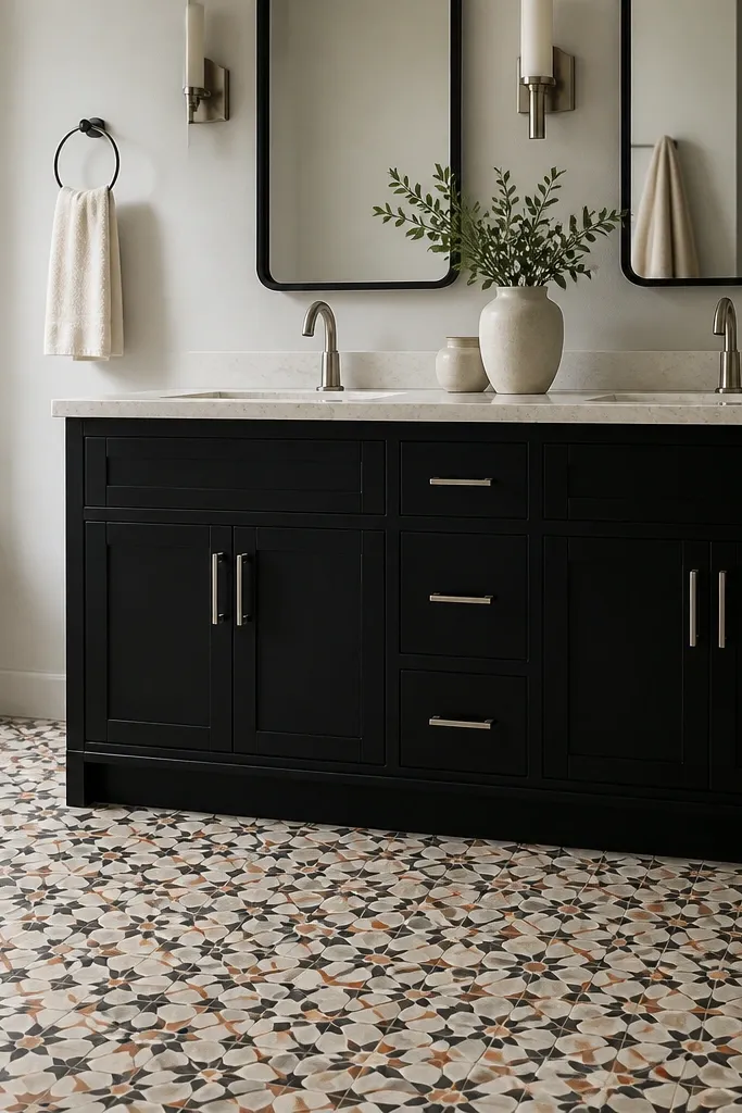 Black vanity paired with a patterned tile floor and a simple white mirror