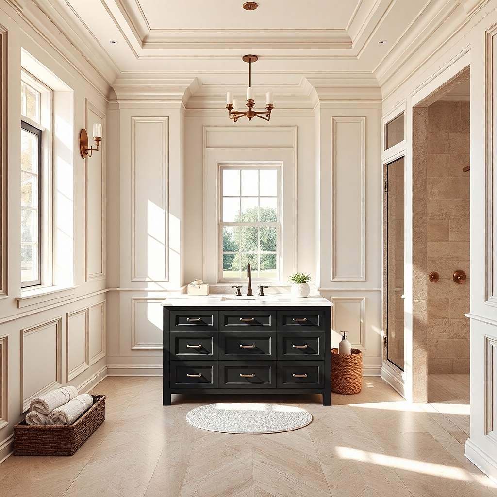 Black vanity against warm white wall paneling with a framed mirror