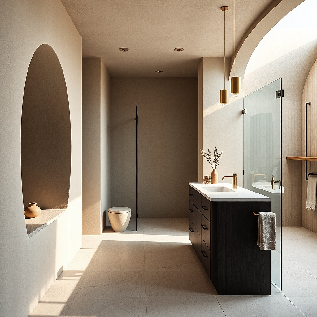 Black vanity with a light gray countertop and clear glass wall sconces