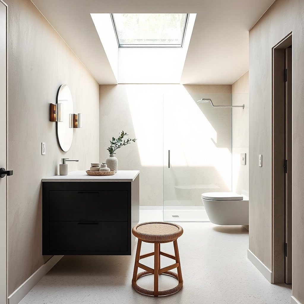 Matte black vanity with white terrazzo counter and subtle gold flecks