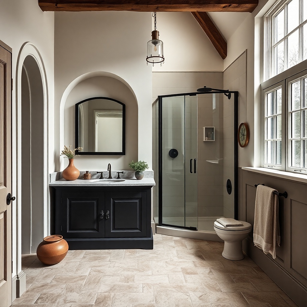 Black vanity with a carved stone-look counter and white wall tiles