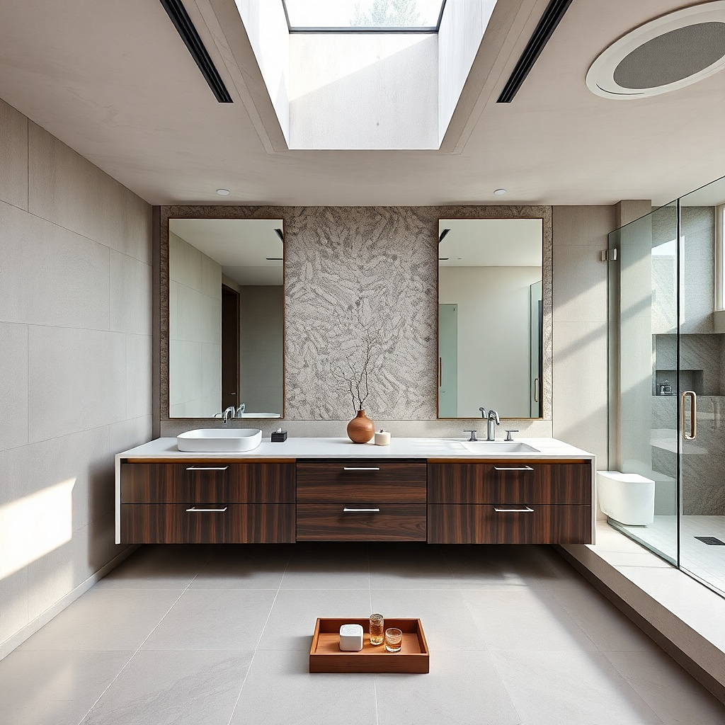 Black vanity with a two-tone counter split between white and light gray