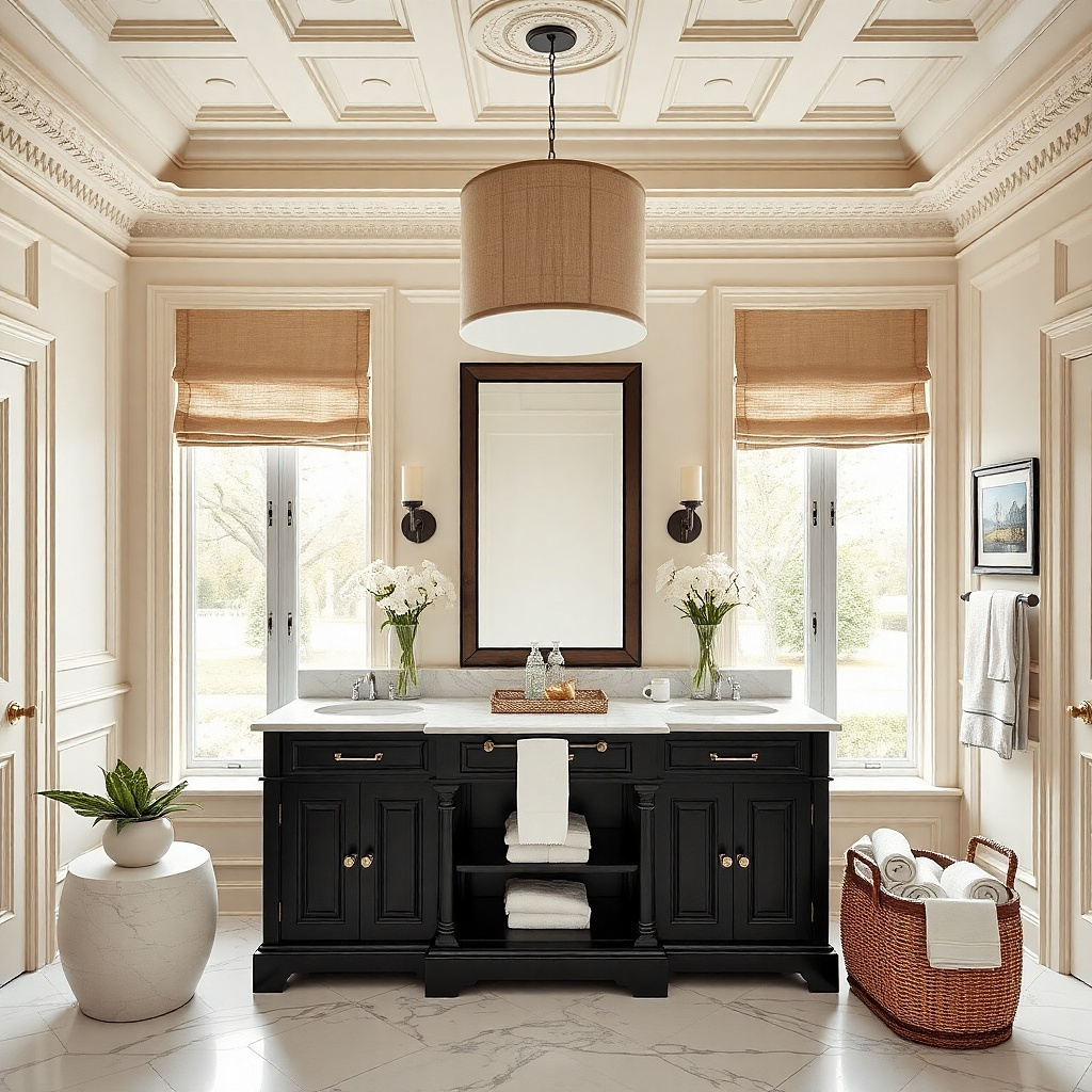 Black vanity with a light marble skirt panel under the countertop