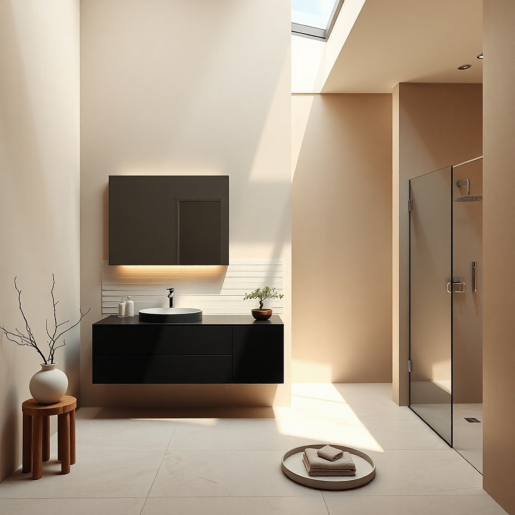 Black vanity with a slim black framed mirror and warm wall lighting around it