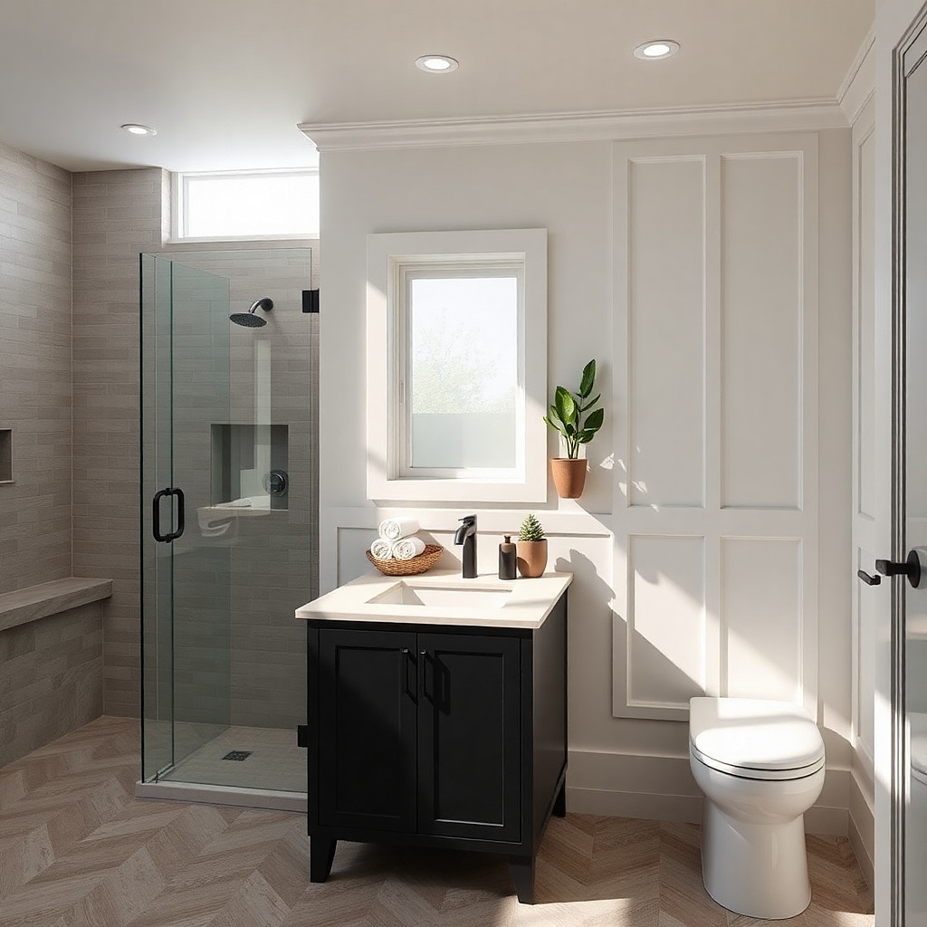 Black vanity with a white countertop and a black faucet under a large mirror