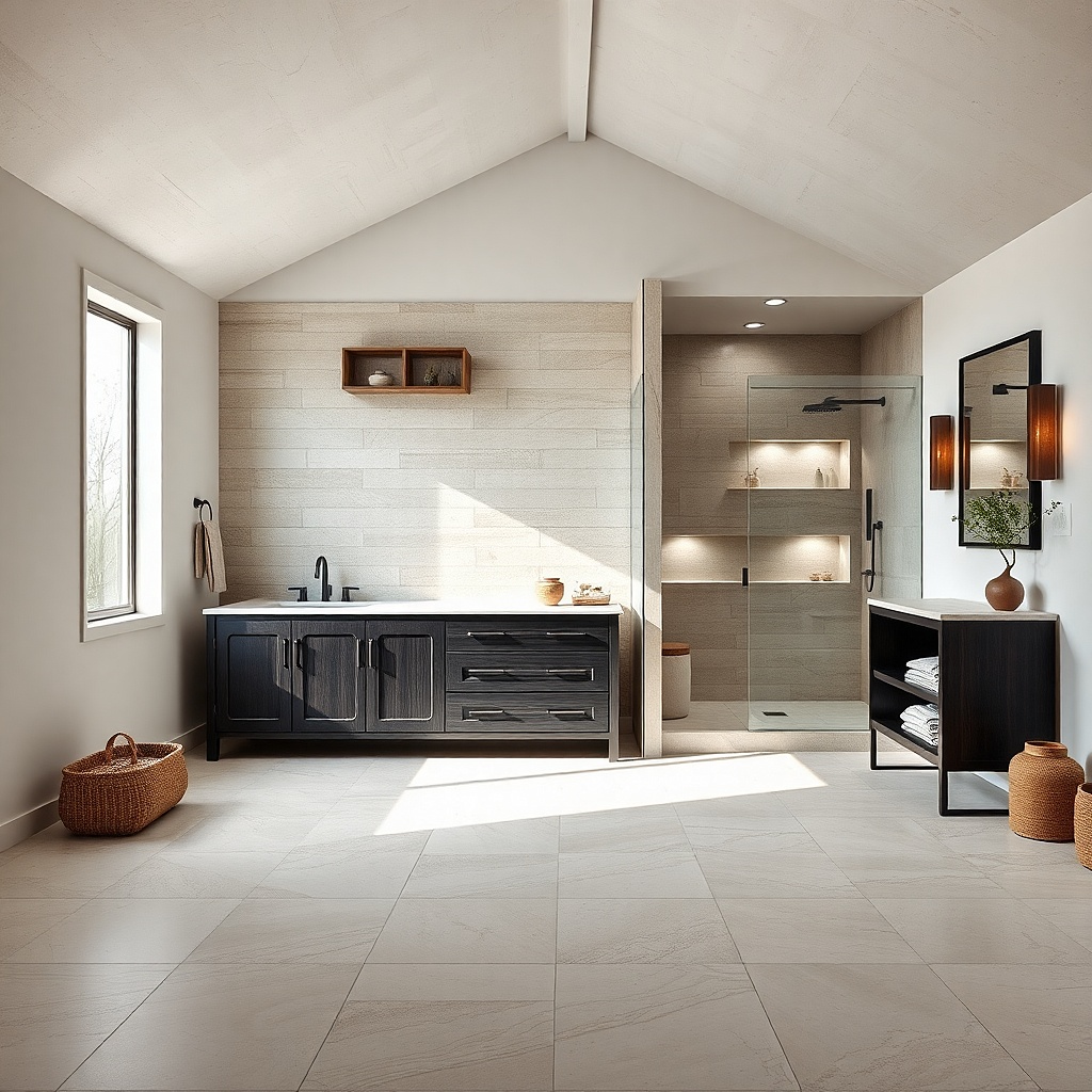 Matte black vanity with linen-textured side panels and a stacked stone shelf above the mirror.