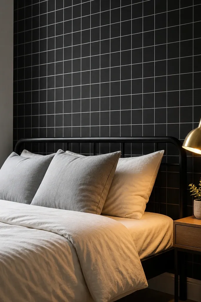 Black grid peel-and-stick panels behind a bed with cream bedding