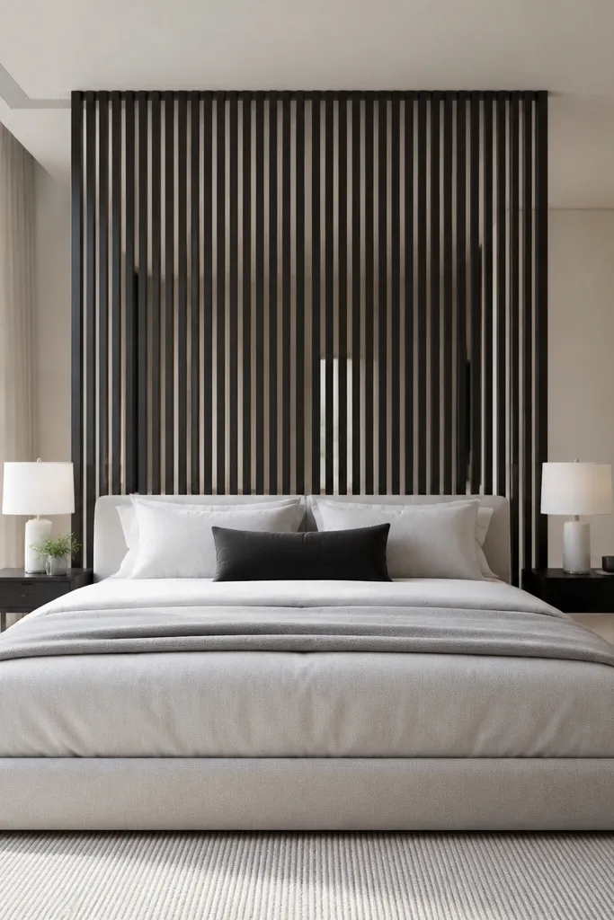 Black slat panel set behind a bed with white bedding and a light rug