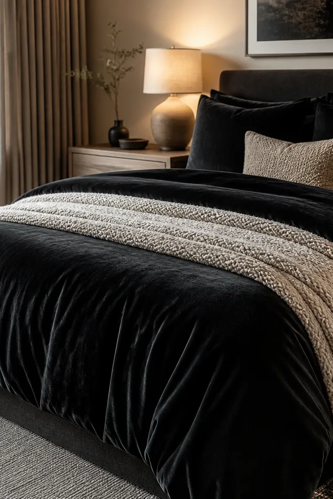 Black velvet duvet with off-white throw and cream pillows on a bed