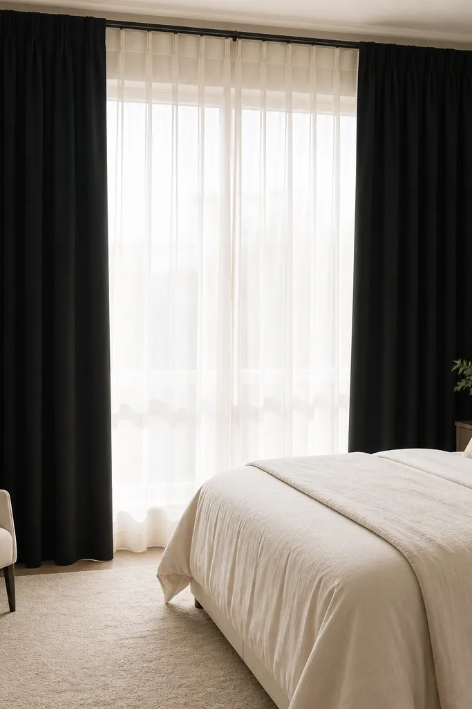 Matte black curtains layered over a light sheer on a bedroom window