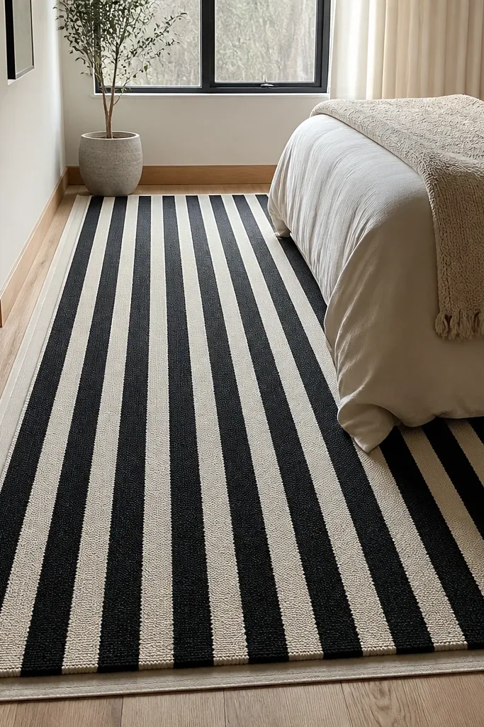 Black and cream striped rug under a bed with white nightstands