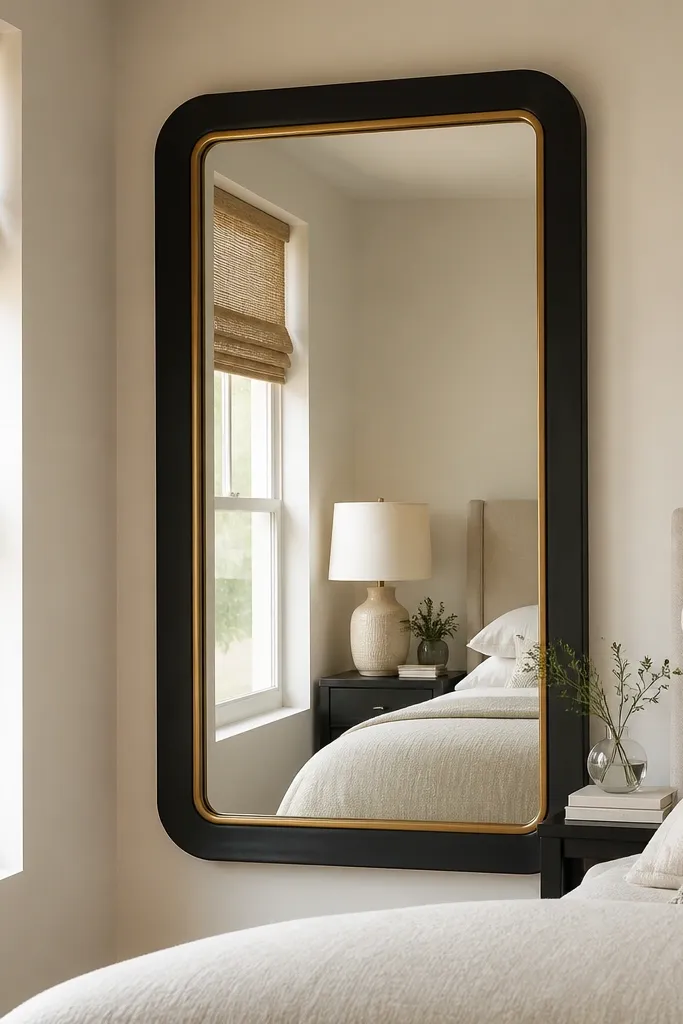 Oversized black mirror with warm brass frame reflecting a bed
