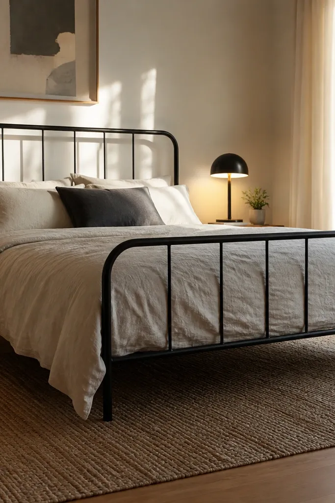 Black metal bed frame with light duvet and neutral pillows