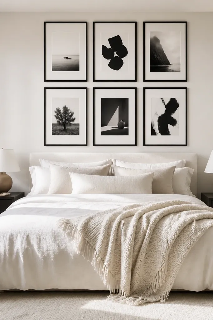 Black framed prints arranged on a wall above a bed