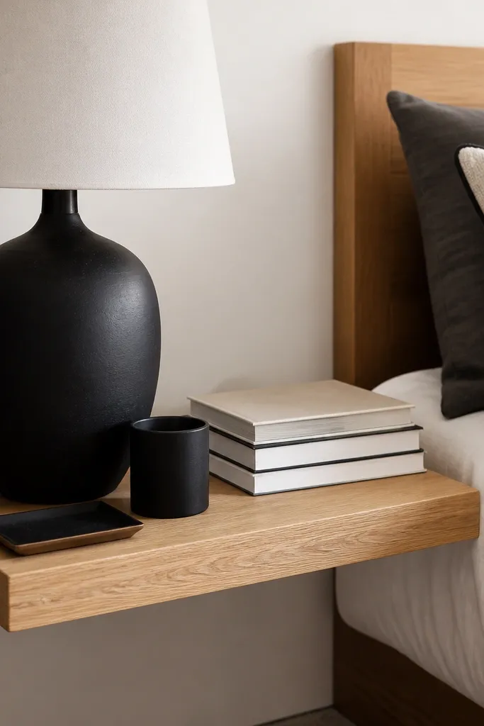 Light wood shelf with black decor items on both sides of a bed