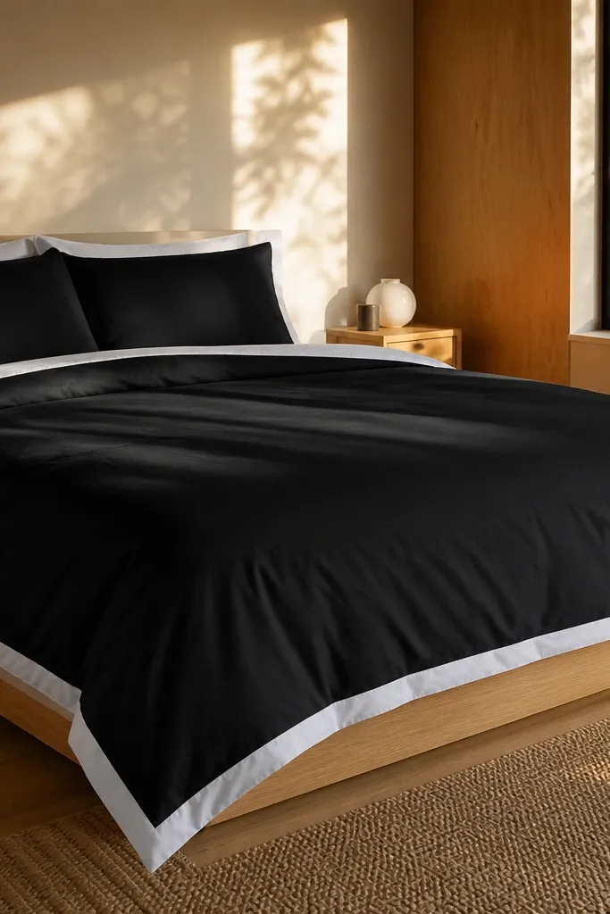 Black duvet with a visible white border and cream pillows
