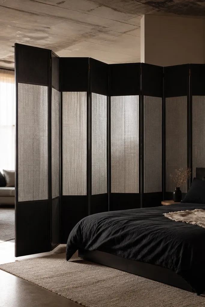 Black-and-white accordion divider near bed with light bedding