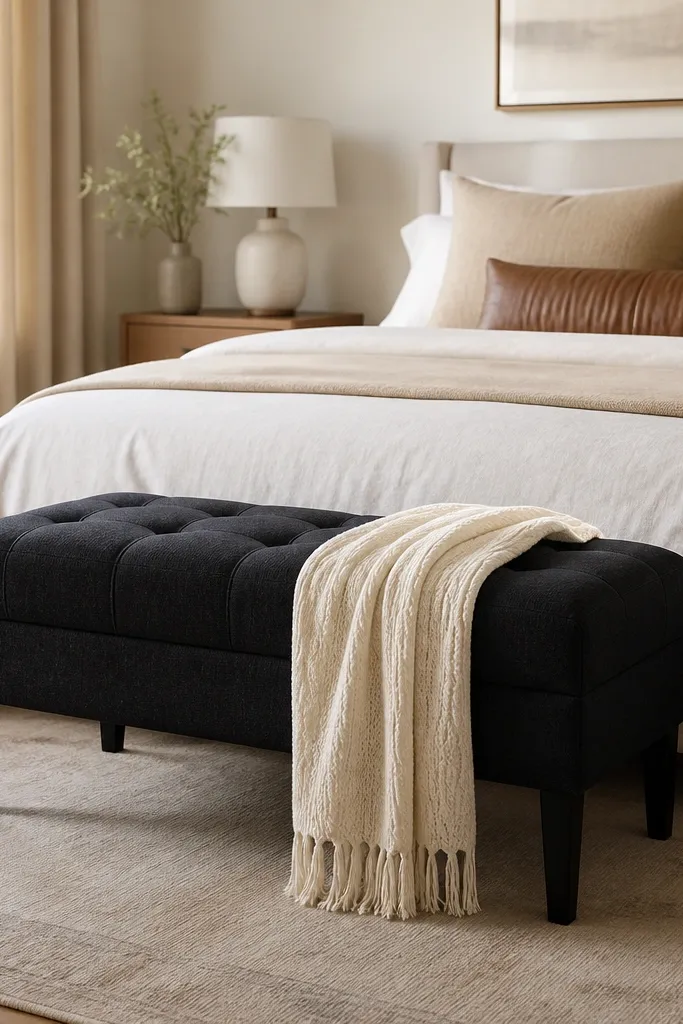 Black upholstered bench at bed foot with cream throw folded on top