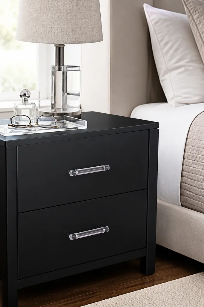 Black nightstand with clear acrylic pulls and a white lamp shade