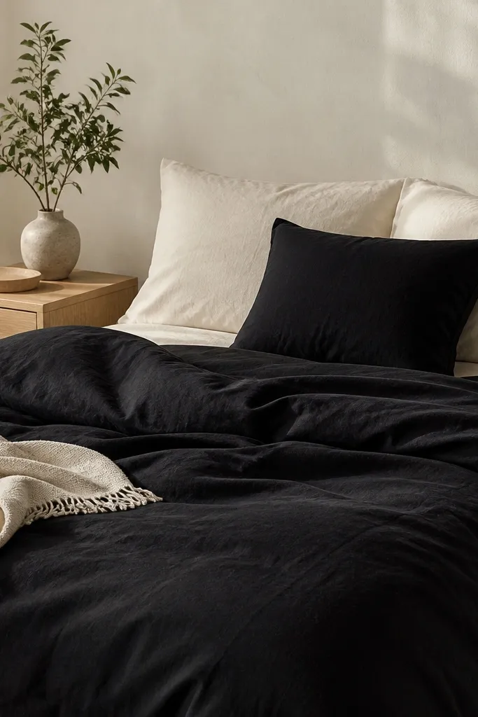 Black duvet with cream pillowcases and one black accent pillow