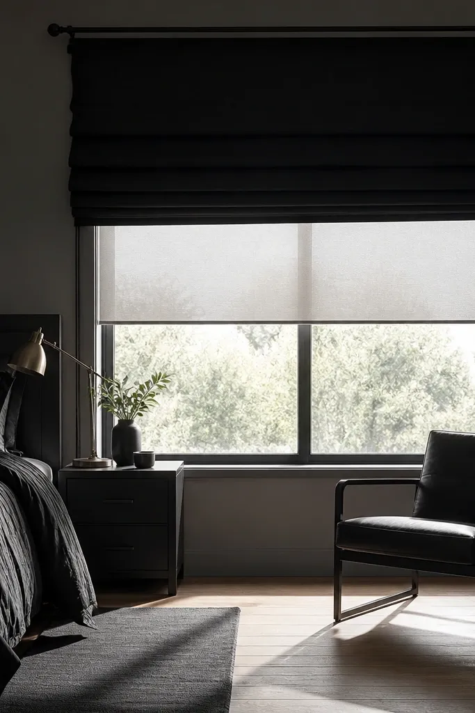 Charcoal blackout shade layered with a light roller blind on a window