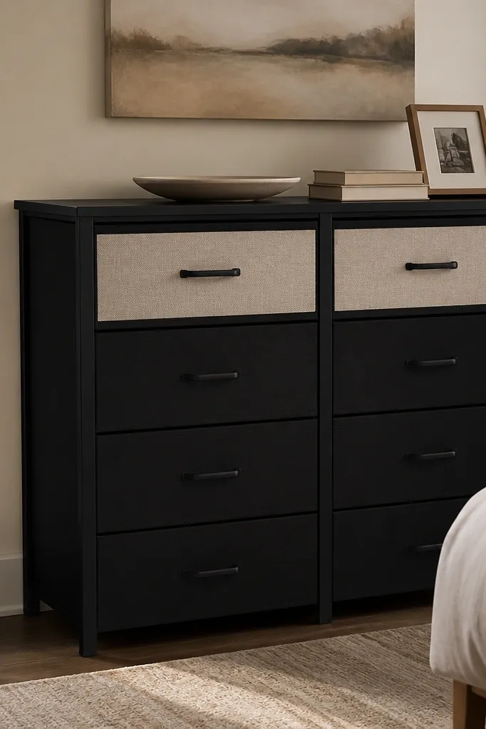 Black dresser with light linen drawer inserts and a black tray
