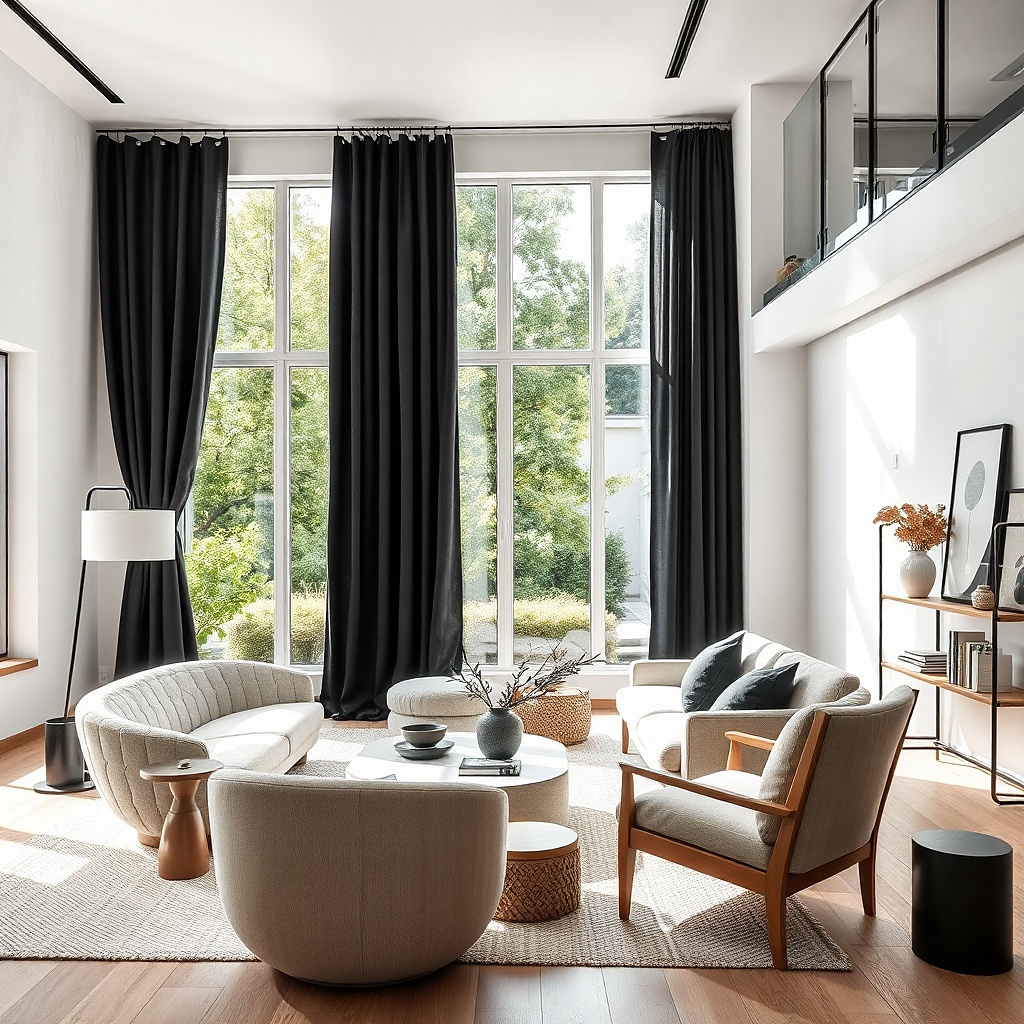 Matte black curtains on a wide rod against white living room walls
