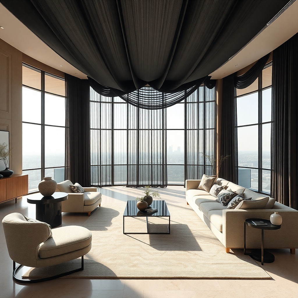 Black ripplefold curtains hung from the ceiling in a bright living room