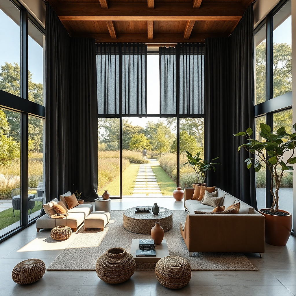 Wide black curtain panels pulled to the sides of large living room windows
