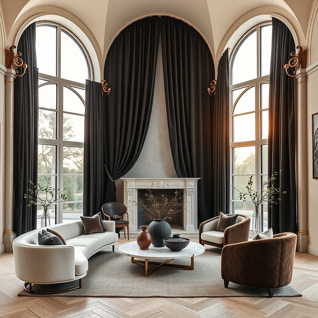 Soft black velvet curtains with brass rod in a pale plaster living room