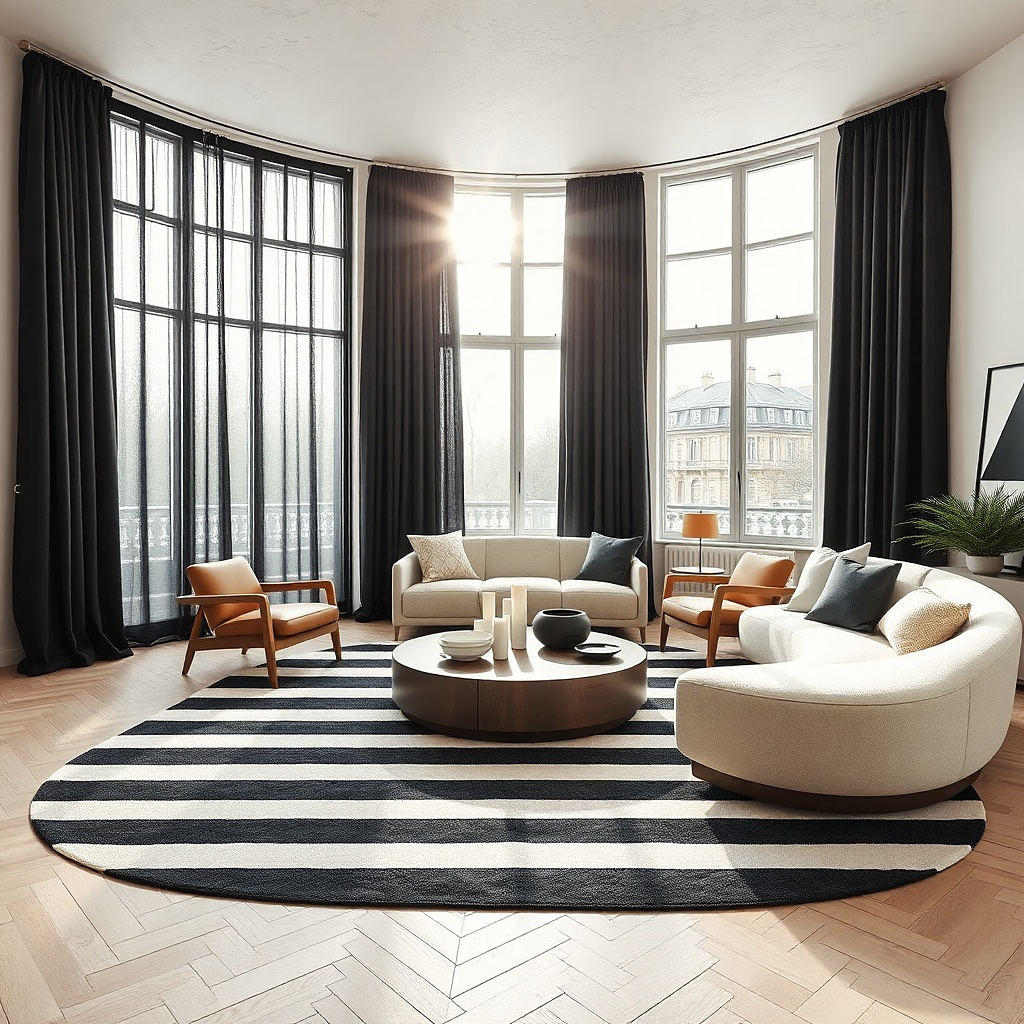 Plain black curtains with a black and cream striped rug in a living room