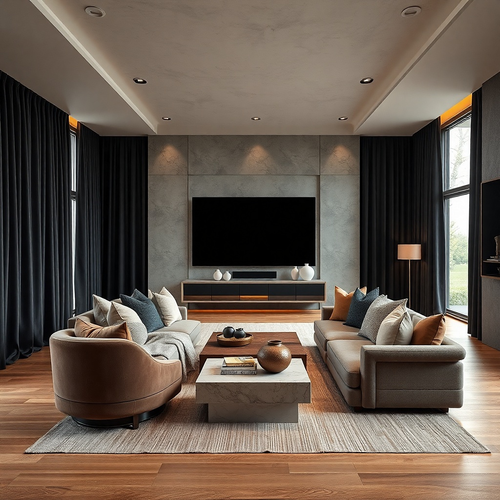 Black blackout curtains beside a television in a modern living room