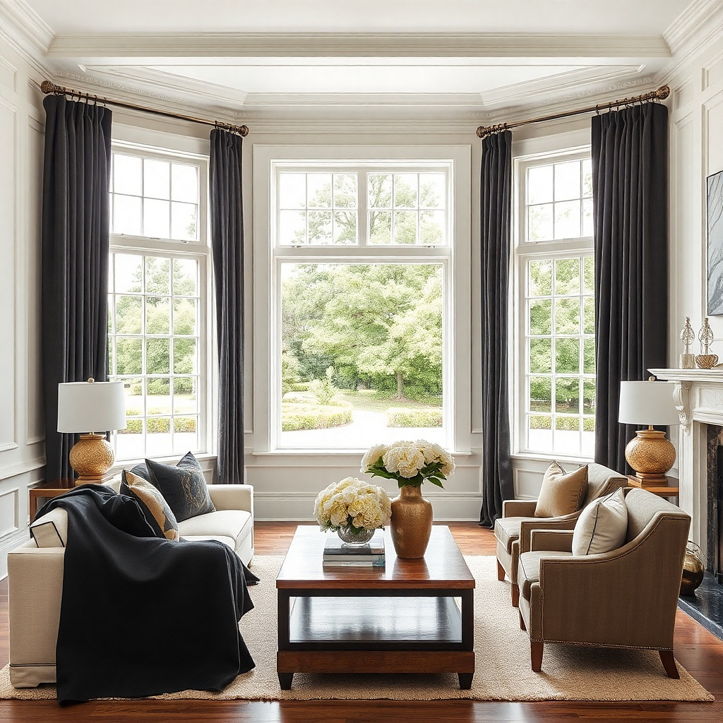 Black curtains framed by cream window trim and white baseboards