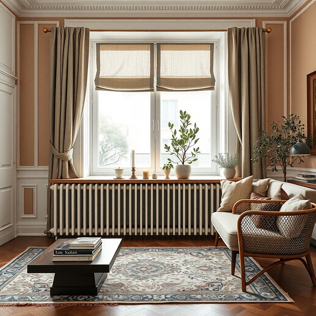 Short black side panels framing a living room window above a radiator