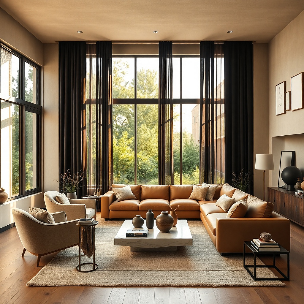 Black curtain panels with greige walls and a camel leather sofa